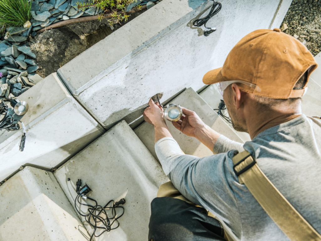 Electrician installing outdoor lighting
