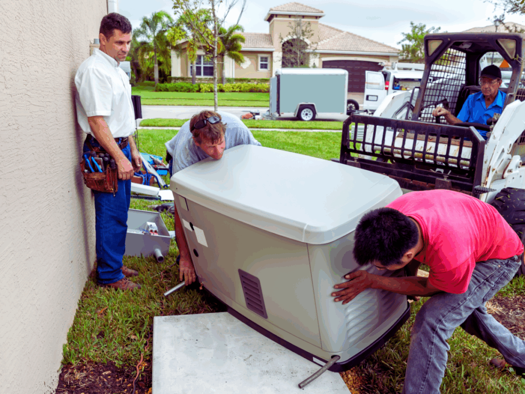 electricians installing whole home generator with help of forklift 