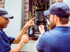 Two electricians inspecting faulty electrical panel