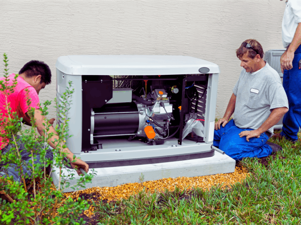 two electricians performing whole home generator maintenance 